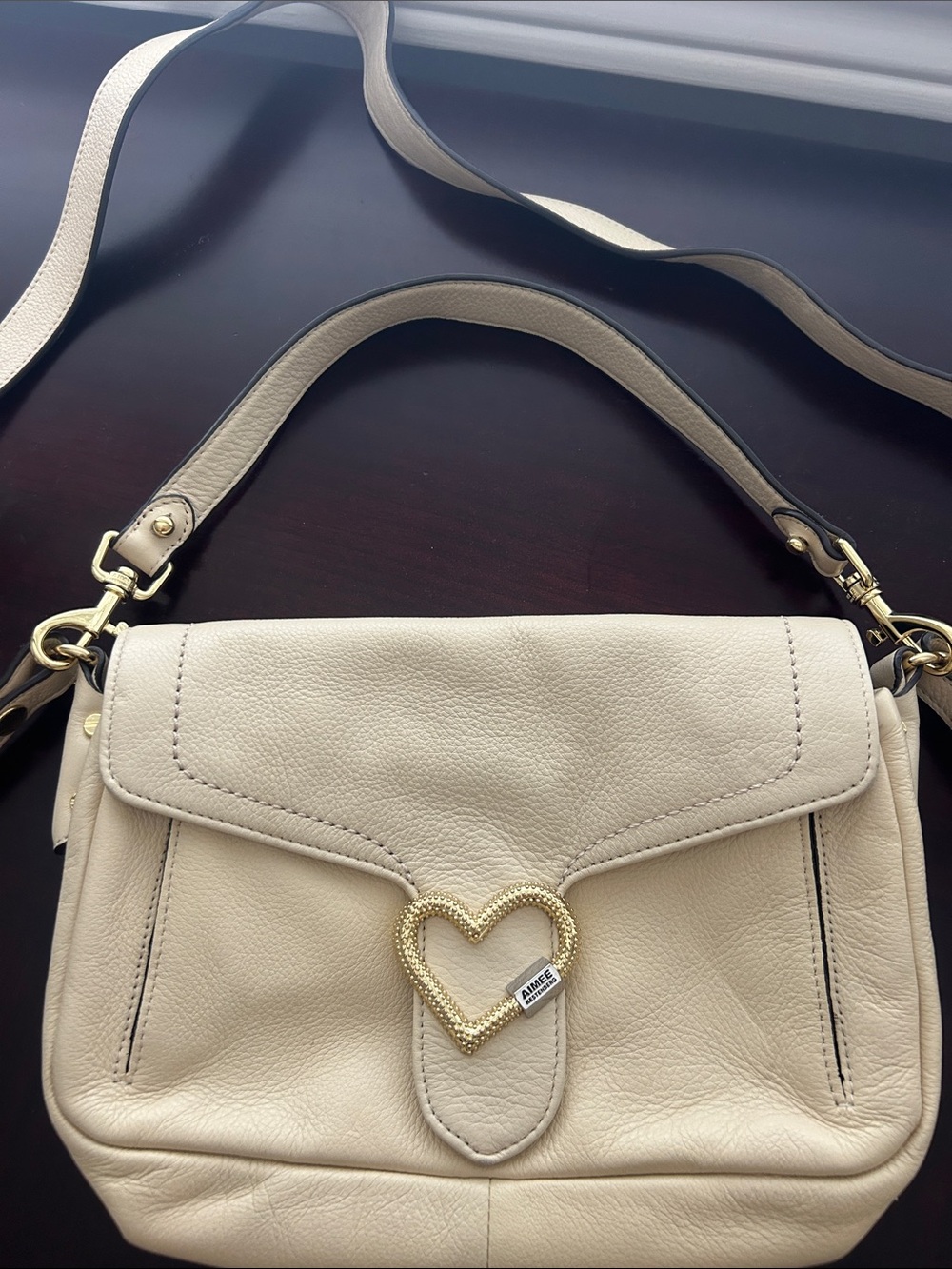 Aimee Kestenberg Cream Leather Shoulder Bag with Heart Accent